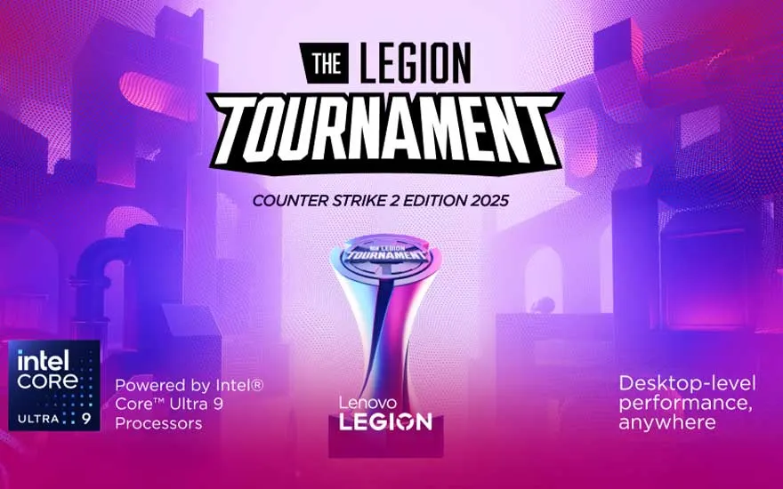 Legion Tournament Counter Strike 2 editie 2025 affiche, met een digitale trofee en Intel Core Ultra 9 logo’s.