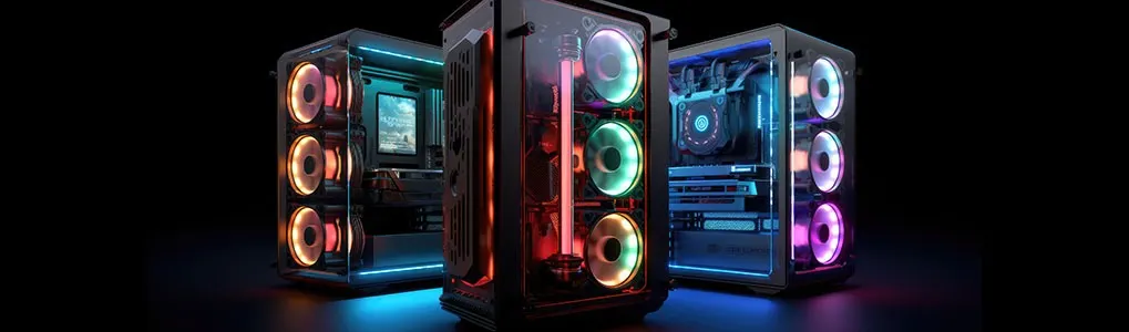 Three illuminated computer towers stand against a black background. Each tower has multiple circular fans and internal components.