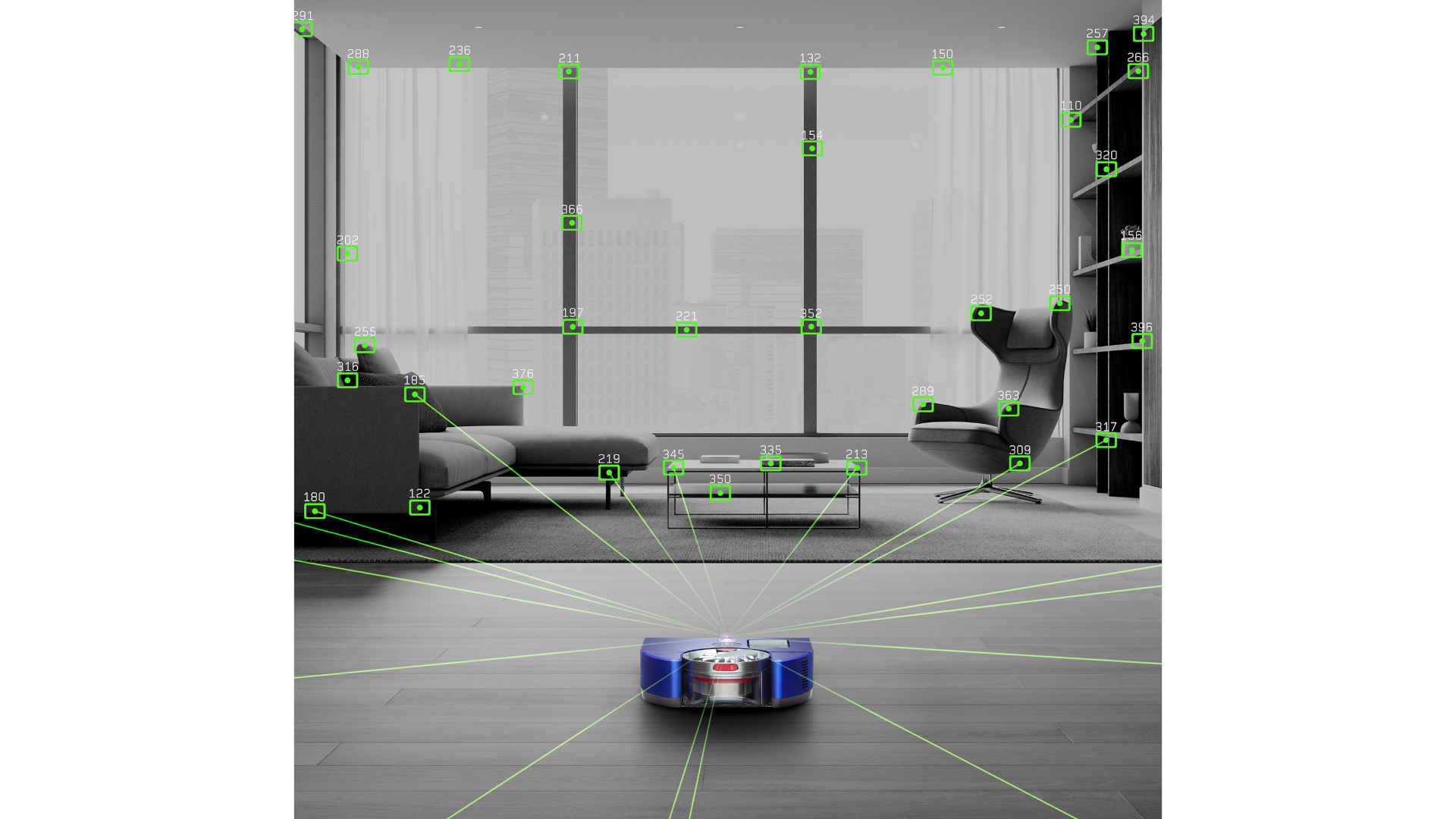 Een robotstofzuiger staat op een houten vloer in een kamer met een grijze bank, stoel, tafel en een groot raam met gordijnen.