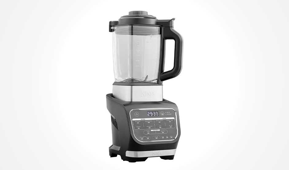 A large Ninja blender on a white background with a sturdy jug and handle; below is a wide control panel with a display and buttons.