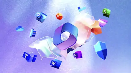 Microsoft 365-logo en app-iconen zweven tegen een abstracte paarse achtergrond met zachte kleuren.