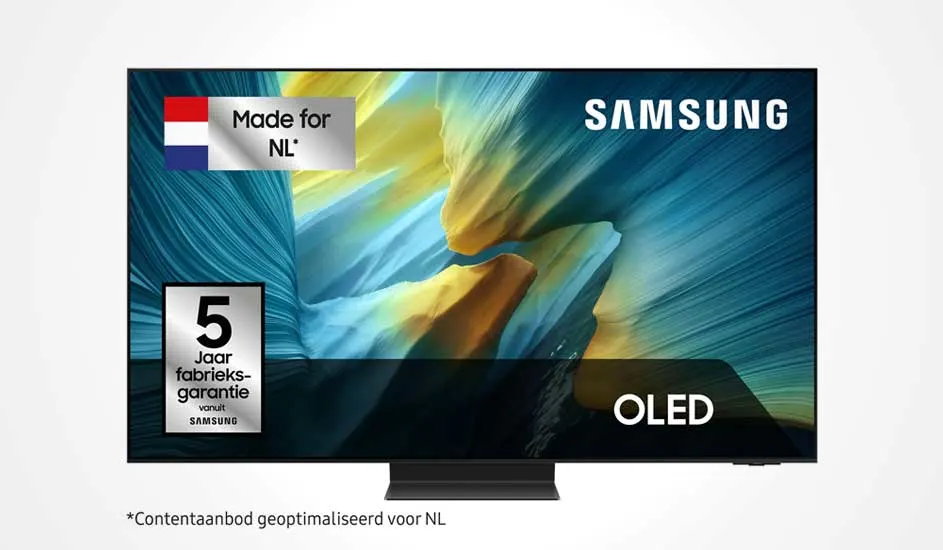 Een Samsung OLED tv met kleurrijk beeld, “Made for NL” logo, 5 jaar fabrieksgarantie en contentaanbod geoptimaliseerd voor Nederland.