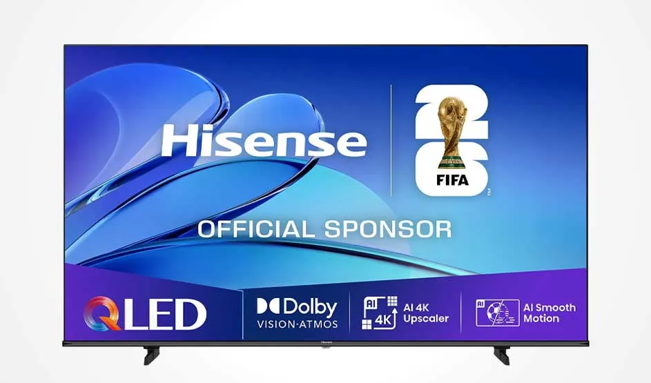 A Hisense television displays FIFA 2026 official sponsor logo. Blue gradient background with wavy design elements. QLED, Dolby Vision Atmos, 4K upscaler, AI Smooth Motion technologies shown at the bottom.