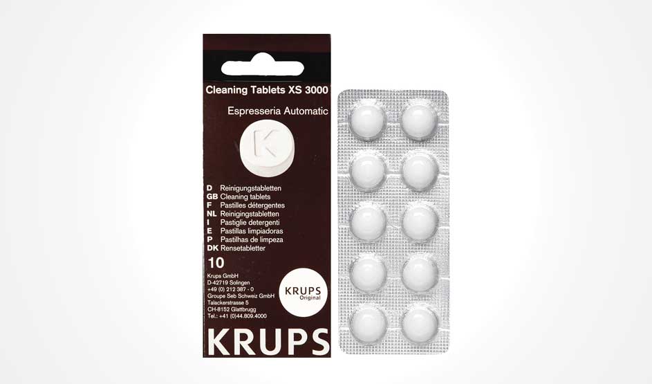 Op de afbeelding zie je een verpakking van KRUPS reinigingstabletten XS 3000 voor volautomatische espressomachines, met 10 tabletten.