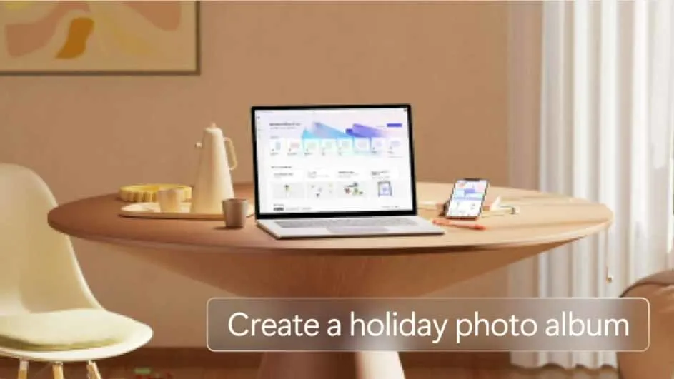 Een laptop, telefoon en theeservies staan op een ronde tafel in een kamer met een stoel.