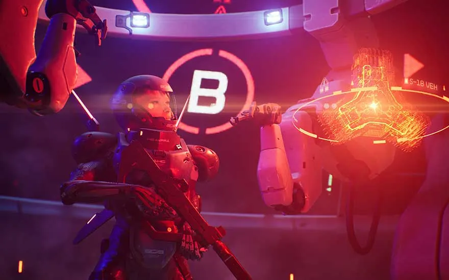 Een futuristische soldaat scant een hologram met een robotarm in een verlichte ruimte gemarkeerd met de letter B.