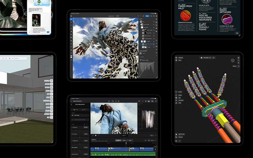Meerdere tablets tonen creatieve apps: videobewerking, 3D handmodel, architectuur en kleurrijke visuals, benadrukken krachtige prestaties.