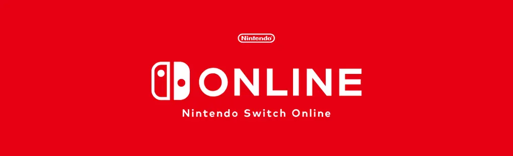 Op een rode achtergrond staat het witte Nintendo Switch Online-logo met het woord “ONLINE” en het merk Nintendo duidelijk zichtbaar.