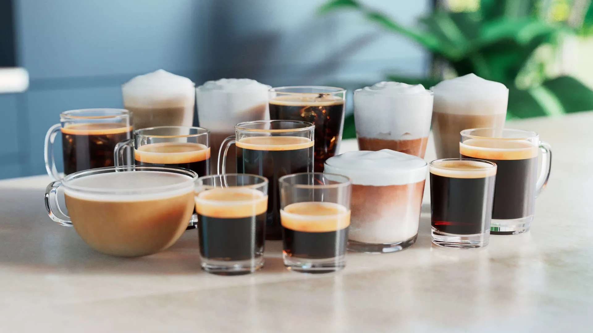 Verschillende glazen en mokken koffie staan op een tafel, inclusief espresso, latte en koffie met schuim.