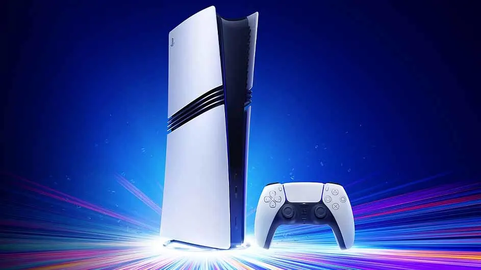 Witte PlayStation 5 console en controller tegen een blauwe achtergrond met kleurrijke lichtstralen.