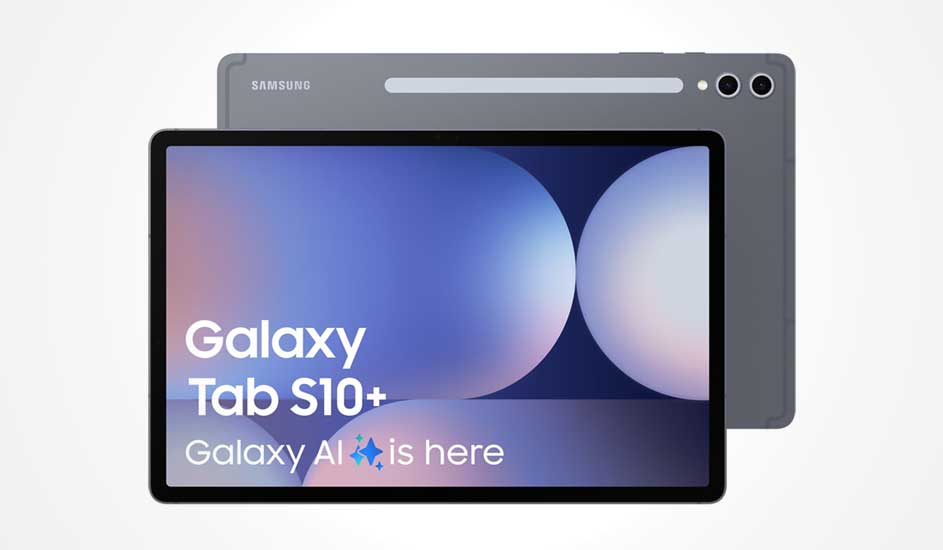 Op de afbeelding zie je een Samsung Galaxy Tab S10+ tablet, met een groot scherm en dubbele camera aan de achterkant. Merknaam: Samsung.