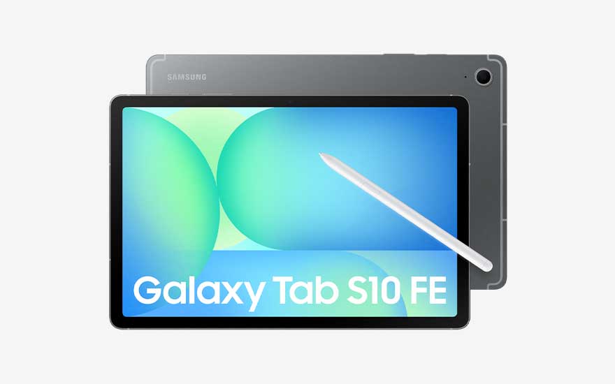 Two Samsung tablets are stacked; the front one shows “Galaxy Tab S10 FE” on a blue green background with a white stylus resting diagonally.