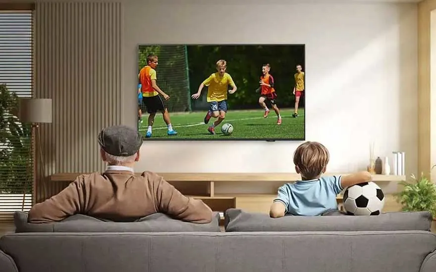 An elderly man and a boy with a football sit on a sofa watching a children’s football match on a large television.