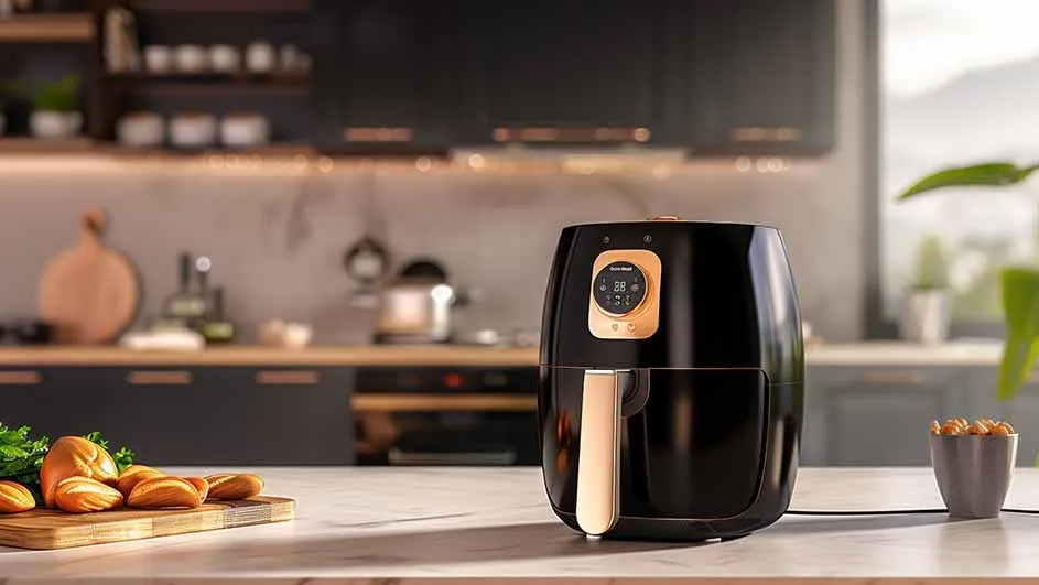 An air fryer sits on a kitchen counter near a cutting board with bread, with kitchen cabinets and decor in the background.