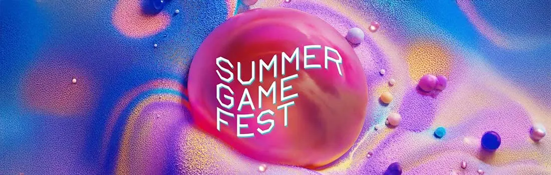 Een levendige Summer Game Fest logo op een roze-paarse bol, omringd door kleurrijke deeltjes en bellen in een futuristische ruimteomgeving.