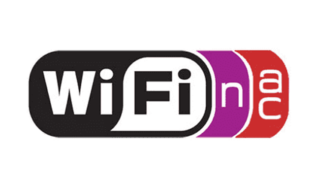 Een logo met de tekst "Wi-Fi" in het wit tegen een zwarte, paarse en rode achtergrond.