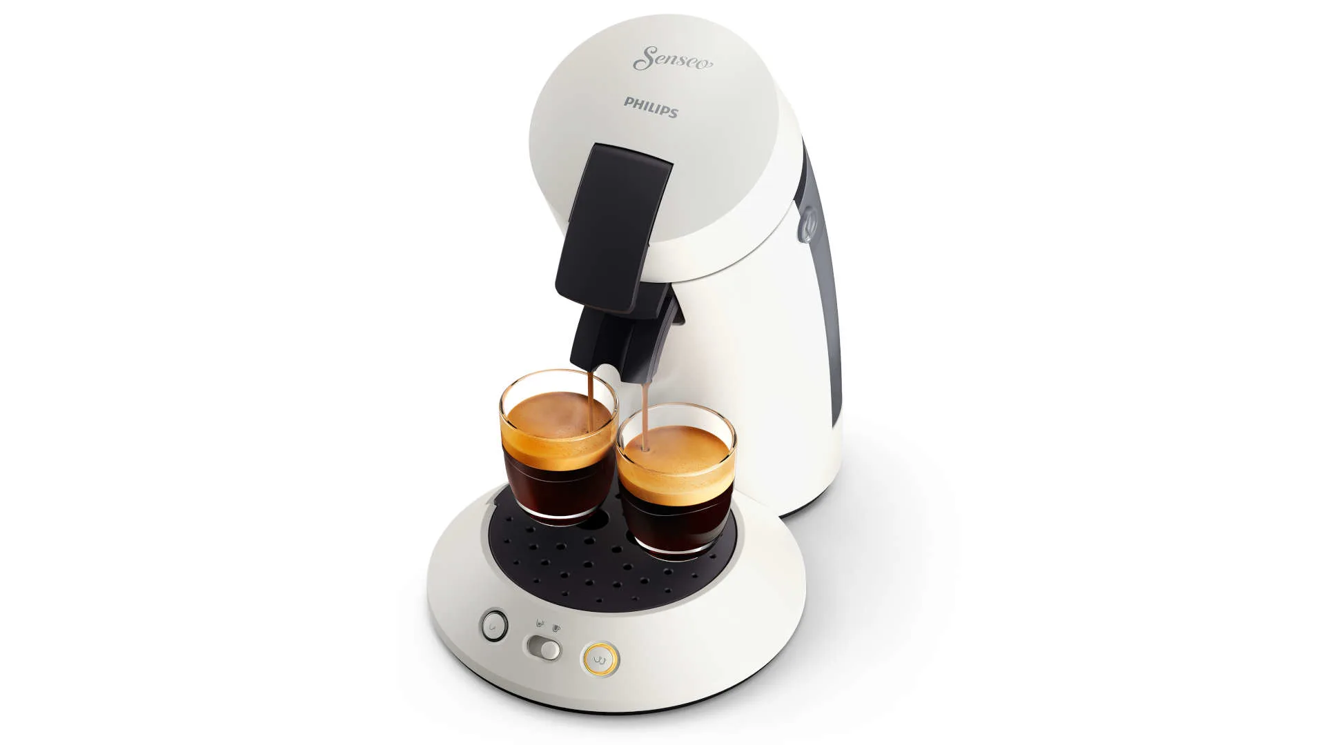 Witte Senseo koffiemachine vult twee glazen met koffie op een wit oppervlak.
