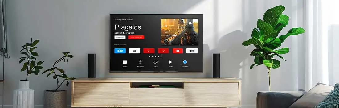 Moderne woonkamer met een Google TV aan de muur en planten aan weerszijden.