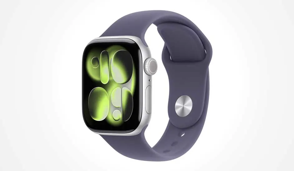 Op de afbeelding staat een Apple Watch met een paarse band en een modern digitaal display. Het merk is Apple.