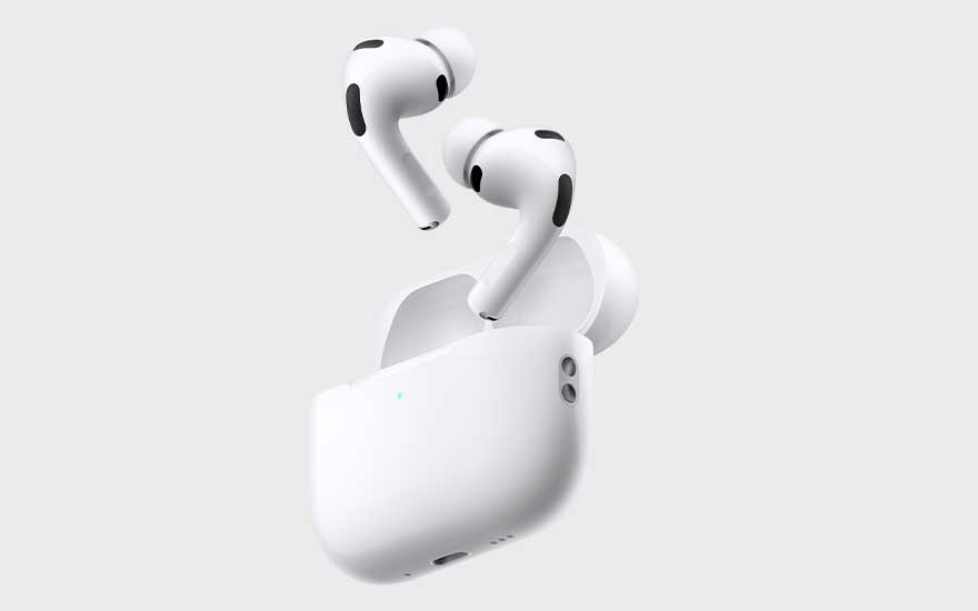 Two wireless earbuds are floating just above their open white charging case. The design is modern and minimalistic.