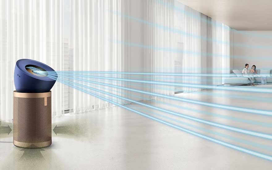 The same designer air purifier projects strong blue air beams across a bright, spacious living room towards two people seated on a sofa.