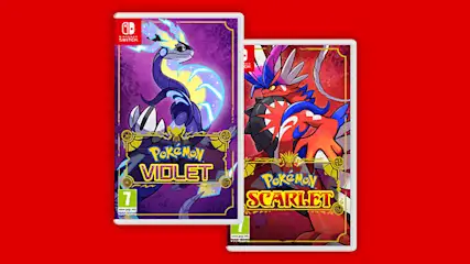 Twee Nintendo Switch-gamehoesjes, Pokémon Violet en Scarlet, staan naast elkaar tegen een rode achtergrond.