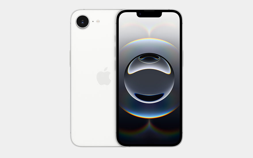 Een witte iPhone 16e met notch toont een elegant zwart scherm met kleurrijke regenboogcirkels en reflecties erop.