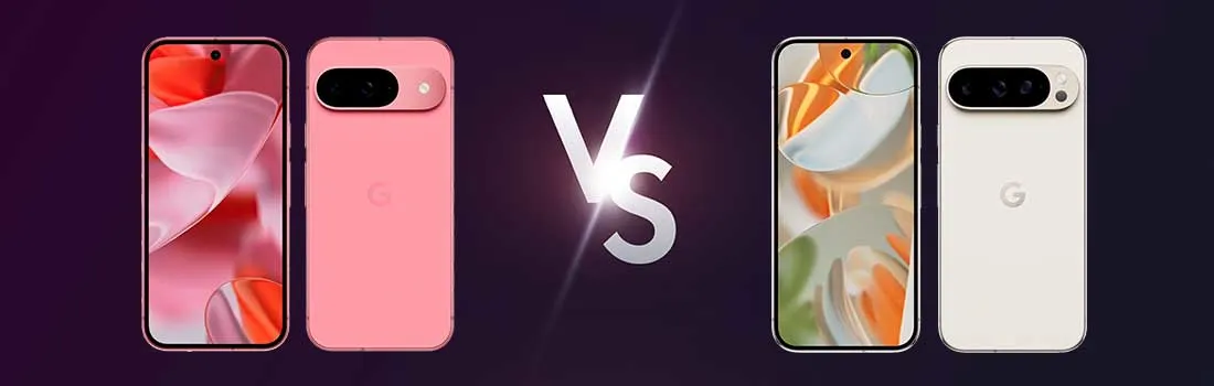 Twee smartphones worden vergeleken: links een roze model met kleurrijk scherm, rechts een wit Google-toestel met oranje wallpaper.