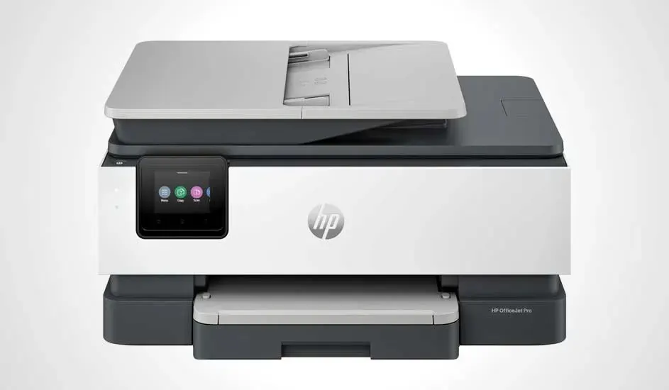 Moderne HP OfficeJet Pro met ADF en kleuren-touchscreen; wit-grijs ontwerp en lade voor papier zichtbaar. Merk: HP.