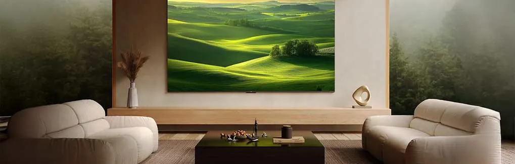 In a serene living room, a large TV shows rolling green hills; two cream sofas frame a low table beneath it in warm light.