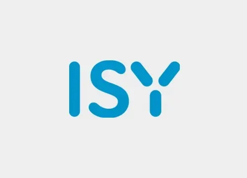The image shows the text "ISY" in blue against a light gray background. The letters are rounded and sans-serif.