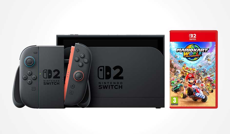 Een zwarte Nintendo Switch 2-console met controllers en het spel Mario Kart World in een rode hoes staan naast elkaar.