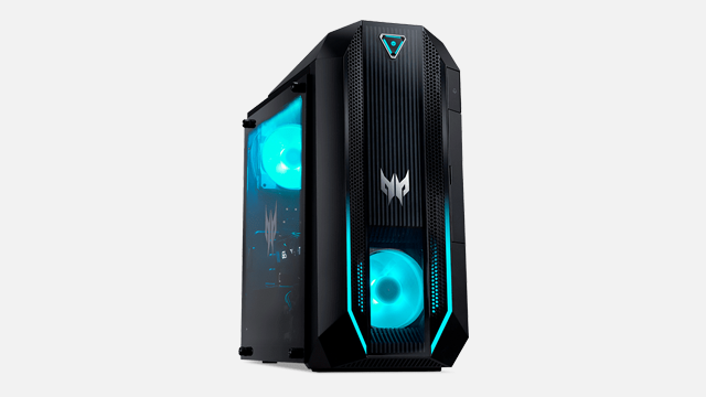 A black computer tower with blue lights on a white background. The front panel has vertical lines and a logo.