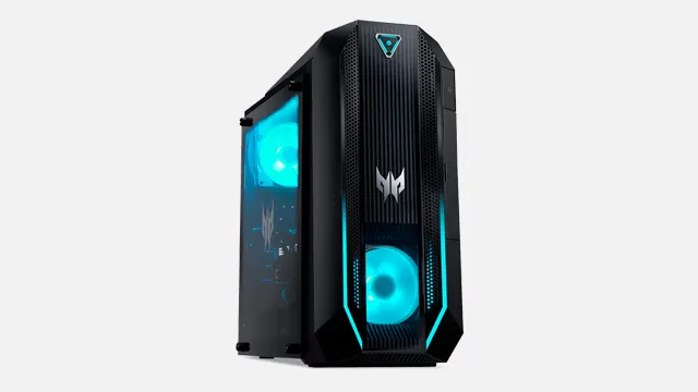 A black computer tower with blue lights on a white background. The front panel has vertical lines and a logo.