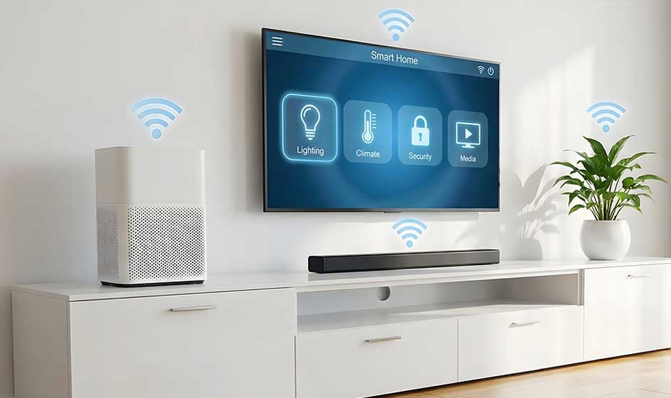 Een moderne woonkamer toont een tv met smart-home pictogrammen, een soundbar, speaker en wifi-symbolen op een wit meubel.