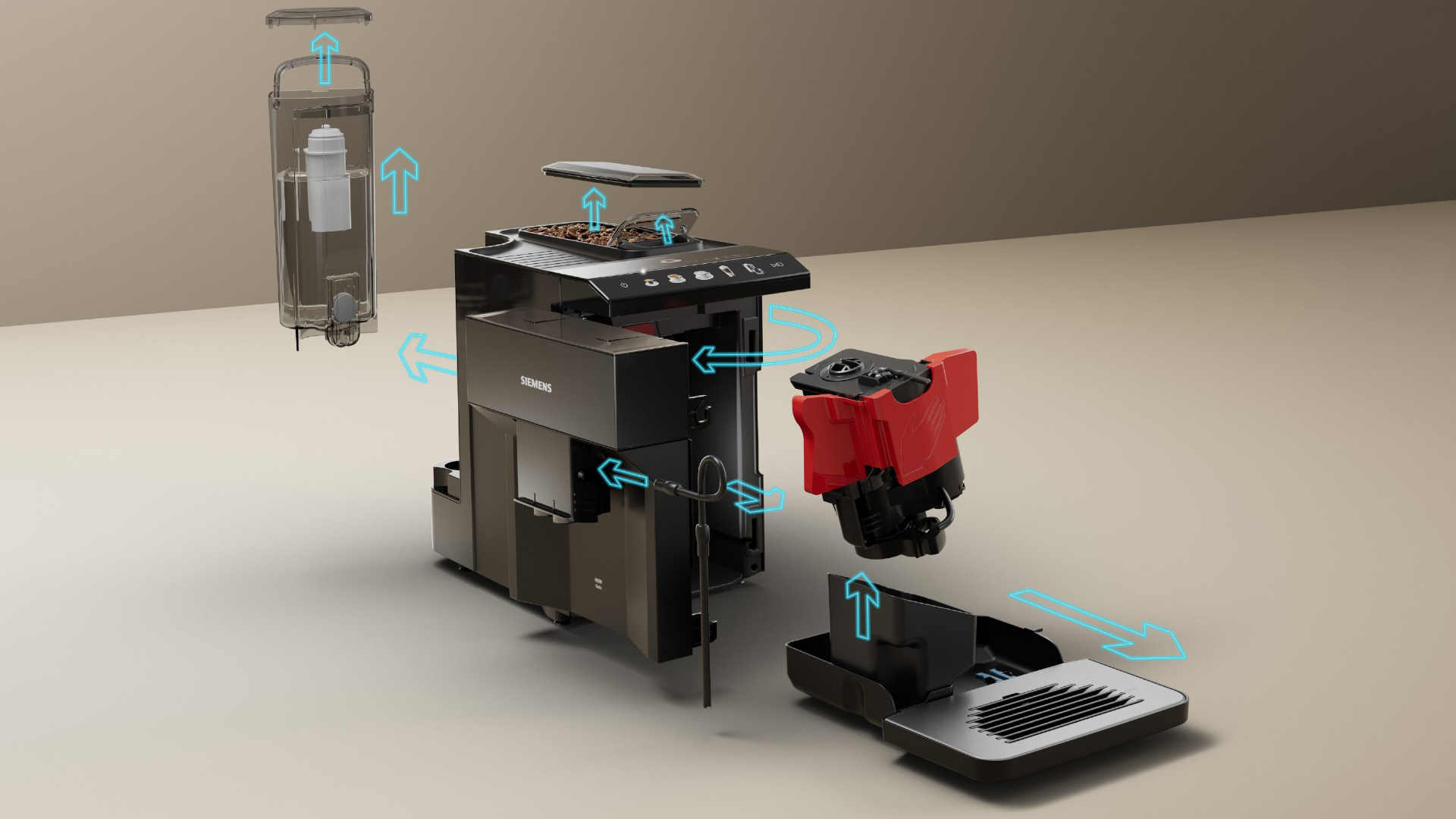 Een Siemens koffiemachine staat uit elkaar met blauwe pijlen die de montage aangeven. De onderdelen zijn een waterreservoir, een koffiebonenreservoir en een lekbak.