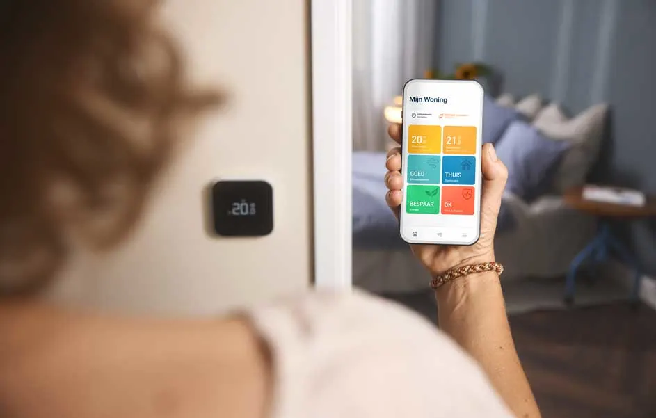 Iemand houdt een smartphone met een slimme-thermostaatapp vast; op de muur staat 20,6°C en op de achtergrond zie je een woonkamer.