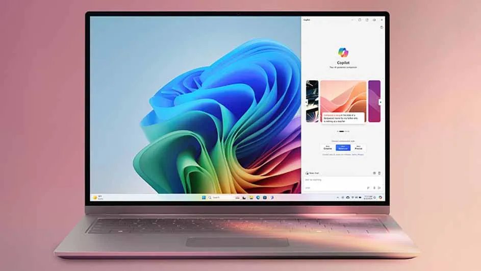 Laptop met Windows-interface, een abstracte, kleurrijke achtergrond en een Copilot-venster aan de rechterkant.