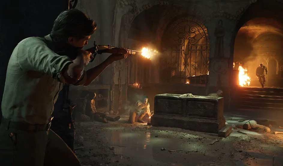 In een donkere, vervallen ruimte vuurt een personage met een geweer, terwijl anderen dekking zoeken. Dit tafereel is uit de game Uncharted.