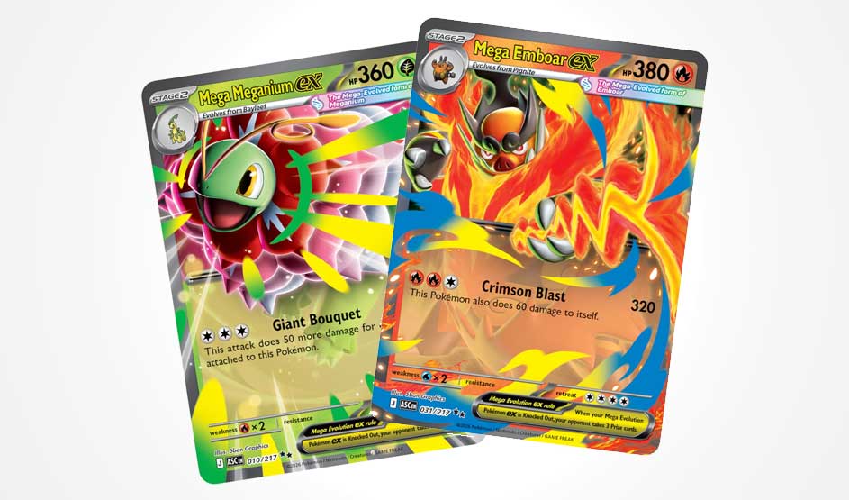 Two Pokémon trading cards displayed: Mega Meganium EX with green and rainbow colors, and Mega Emboar EX with orange flames.