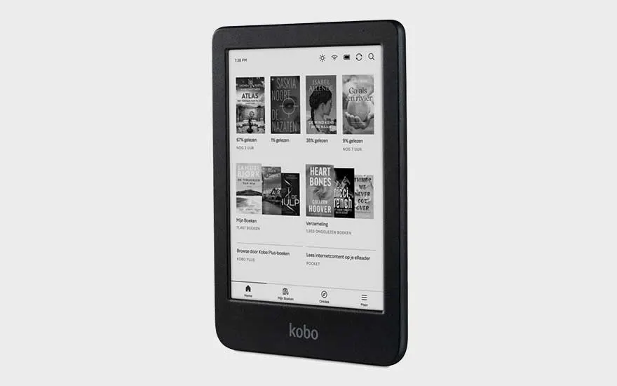 A black Kobo e-reader displays a library screen with book covers and menus, neatly shown against a plain light background.