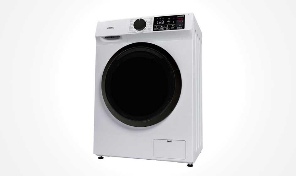 Een witte wasmachine met grote zwarte deur staat op een lichte achtergrond; het ontwerp oogt strak, modern en eenvoudig.