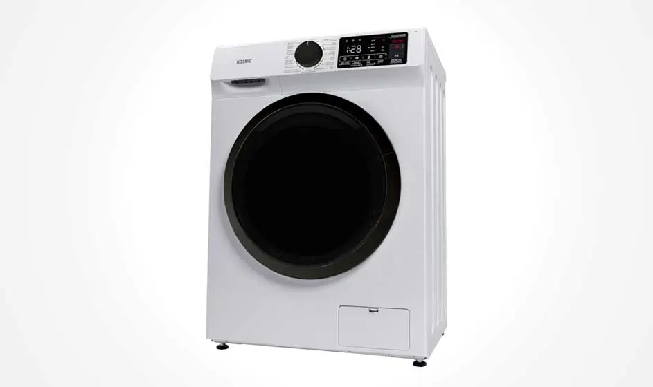 Een witte wasmachine met grote zwarte deur staat op een lichte achtergrond; het ontwerp oogt strak, modern en eenvoudig.