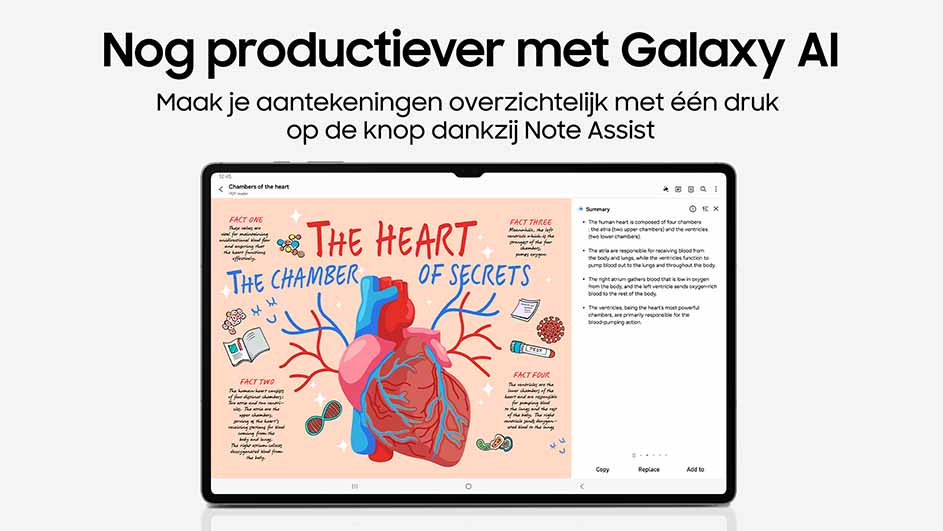 Een tablet toont een app met aantekeningen over het hart, met illustraties en samenvattingen, tegen een witte achtergrond.