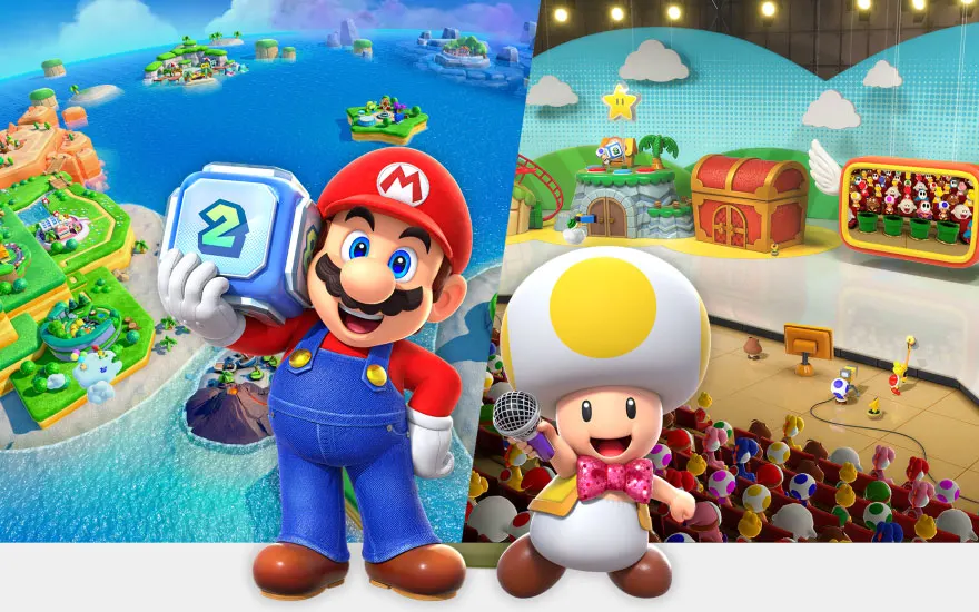 ): Mario houdt een blauwe dobbelsteen vast naast Toad in een kleurrijke party-wereld met eilanden, minigames en vrolijke Nintendo-personages.