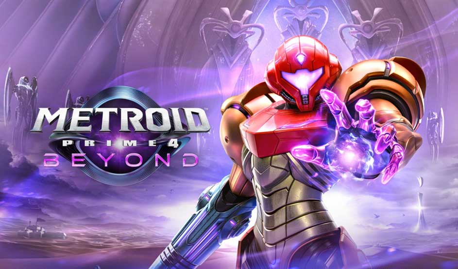 Een ruimteheld in rood pantser, Samus Aran, houdt een energiebal vast voor een futuristische achtergrond. Het merk Metroid Prime 4 is zichtbaar.