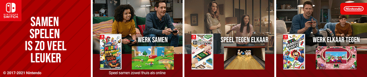 Nintendo Switch advertentie met mensen die samen of tegen elkaar spelen, met game covers.