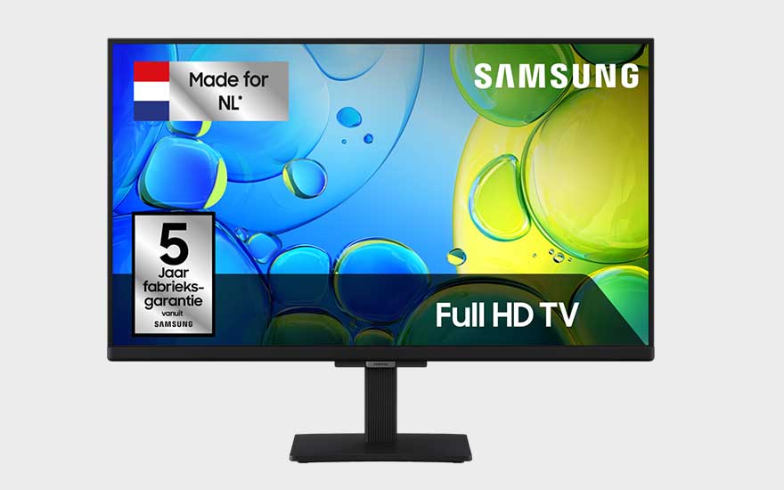 Een Samsung Full HD TV op standaard toont kleurrijke bubbels, met Nederlandse editie en fabrieksgarantie in beeld.
