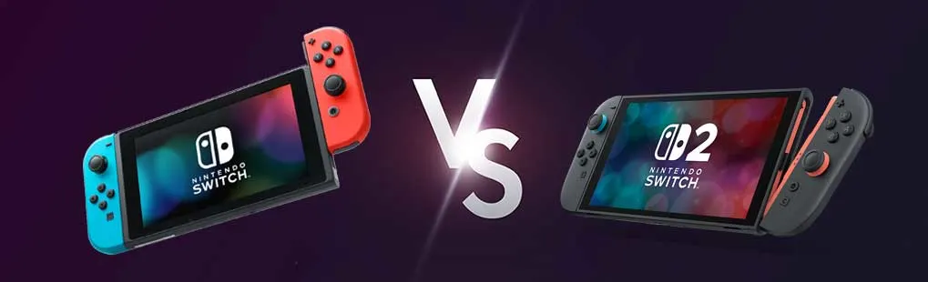 Twee Nintendo Switch-consoles, links de originele met blauwe en rode controllers, rechts de Switch 2 met grijze controllers en een groot VS-teken.