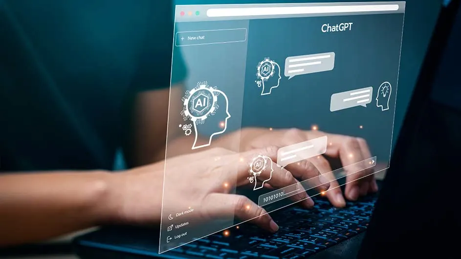 Handen typen op een laptop met een overlay van een virtueel ChatGPT-scherm met AI-profielen en chatballonnen.